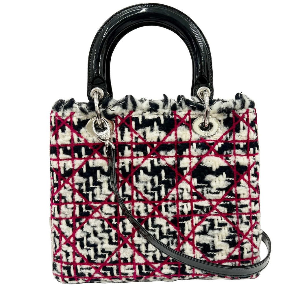 Dior CHRISTIAN Lady Shoulder Bag Handbag Tweed Leather Black White Pink